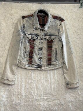 Streetwear Society Womens Boho Acid Wash Trucker Denim Jacket L Festival Hippie